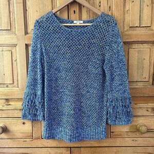 Women's Tyler Boe 8 Blue White Open Knit Fringe Sleeve Sweater‎